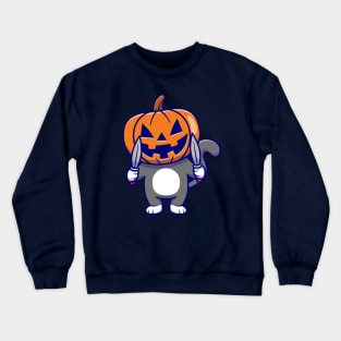 Cute Cat Wearing Pumpkin Halloween with Knife Cartoon Crewneck Sweatshirt